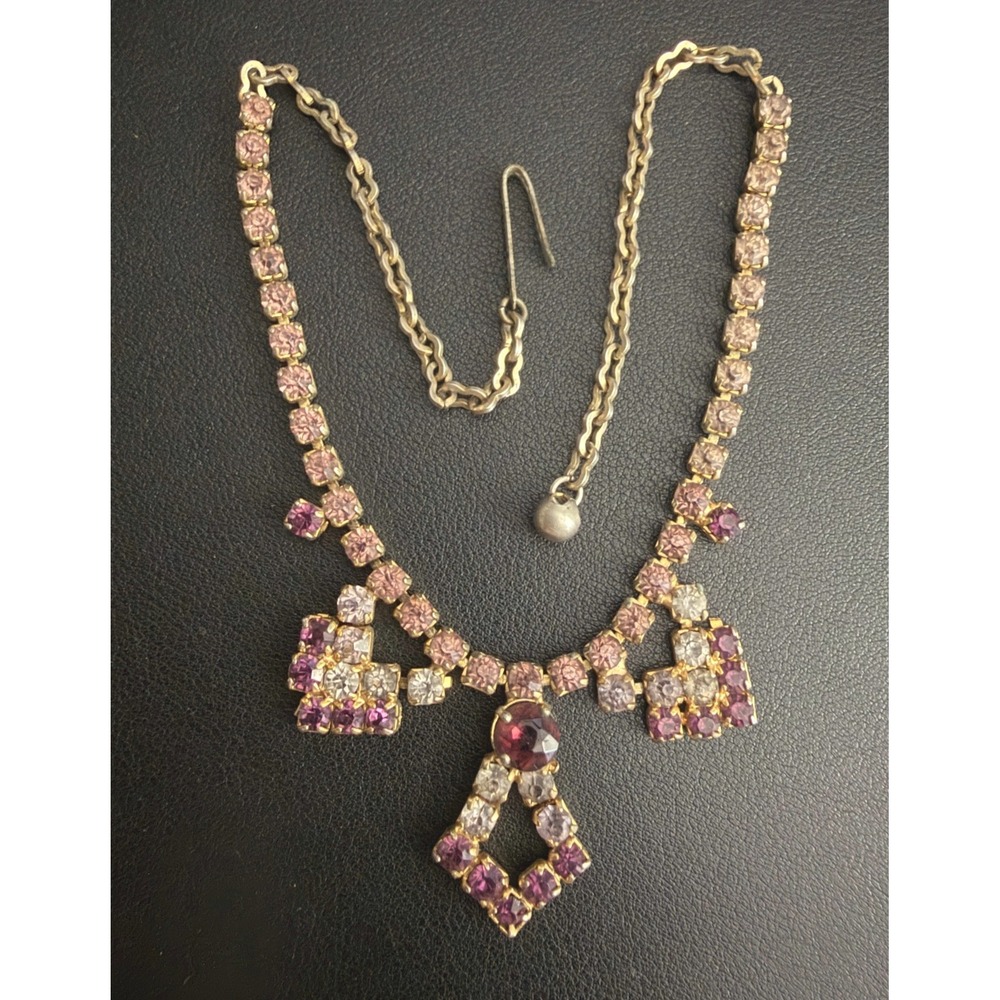 Vintage Rhinestone Necklace Purple Lavender Gold Tone Art Deco Revival
